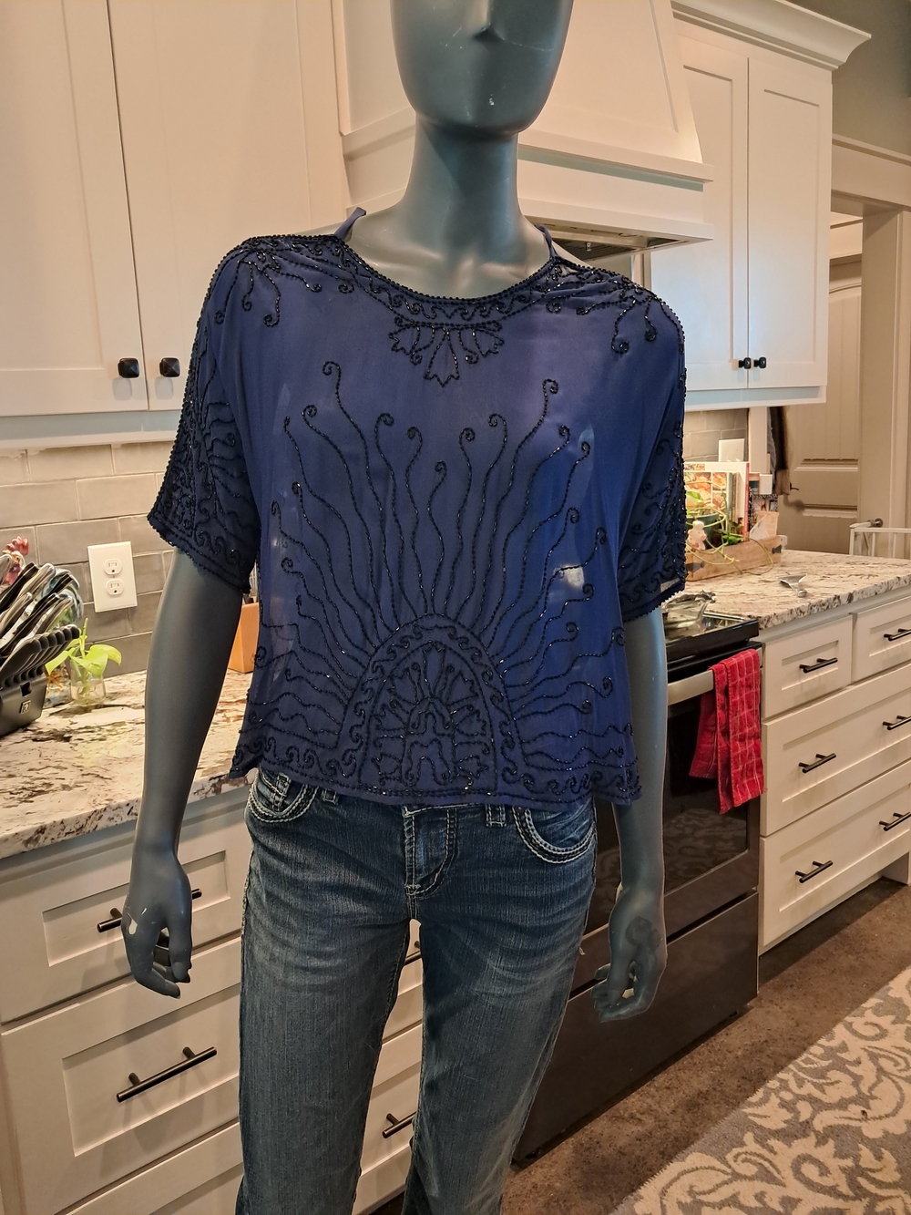 Plenty by Tracy Reese Navy Beaded Sheer Short Sleeve Camisole